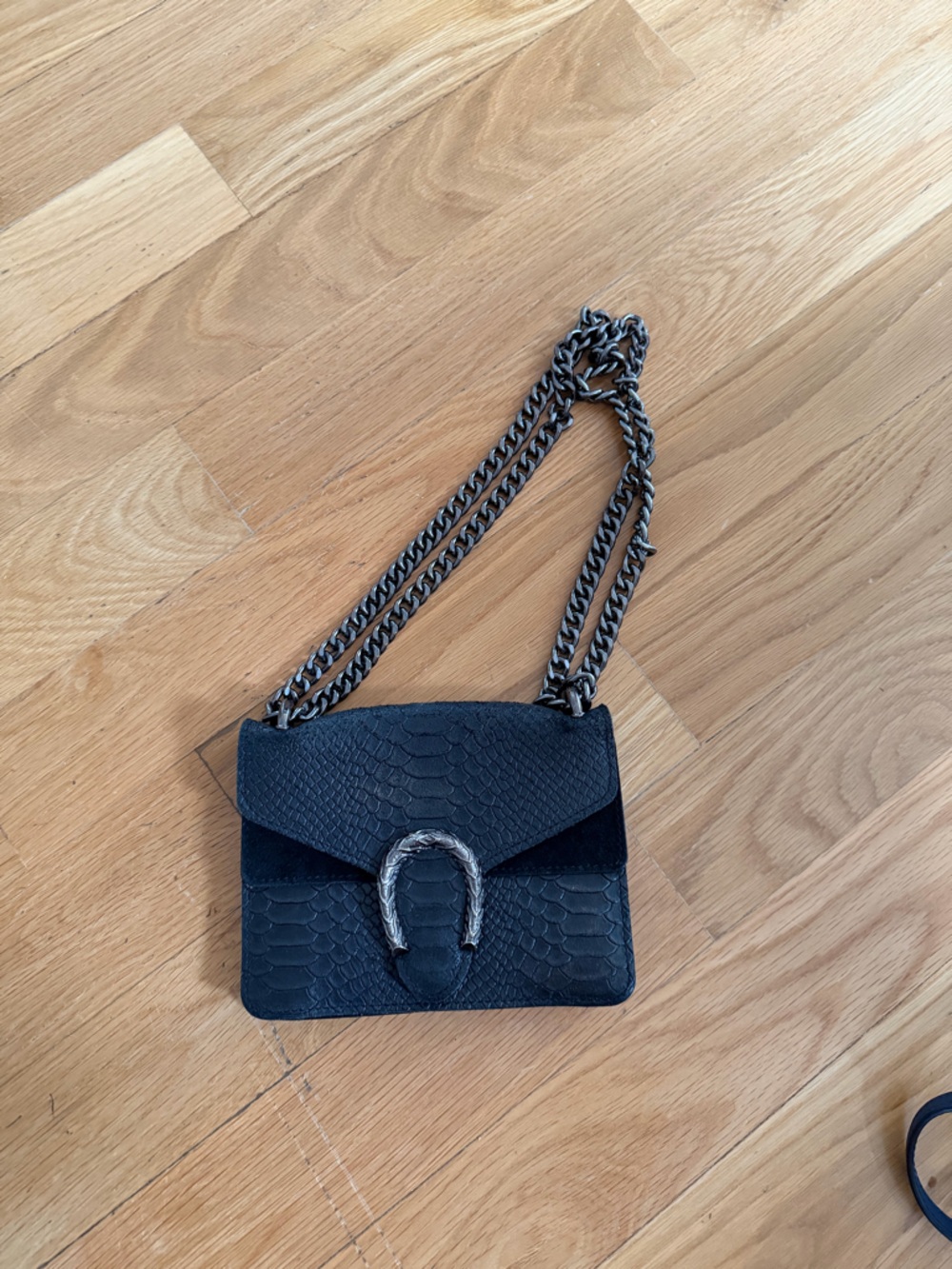 Black Faux-Snake Leather Chain Crossbody Bag